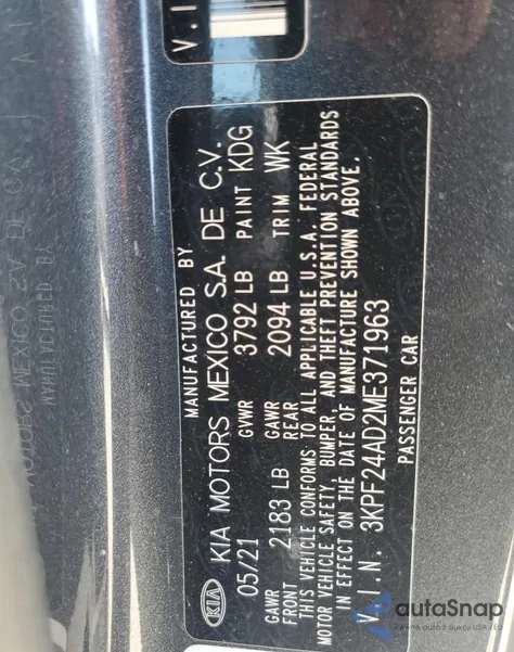 2021 Kia Forte Fe из США, поврежденный, VIN 3KPF24AD2ME371963